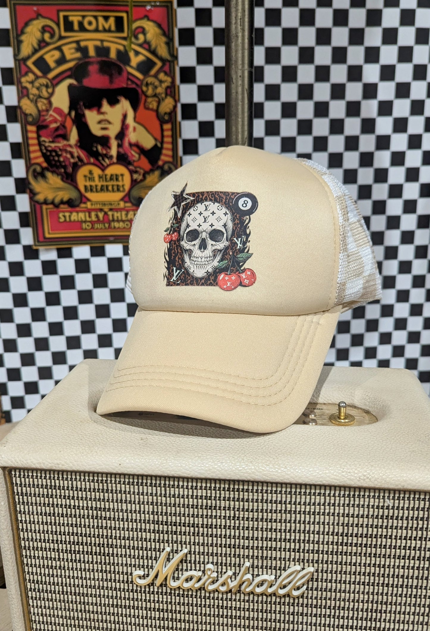 Boujee Skull checkered back tan Trucker