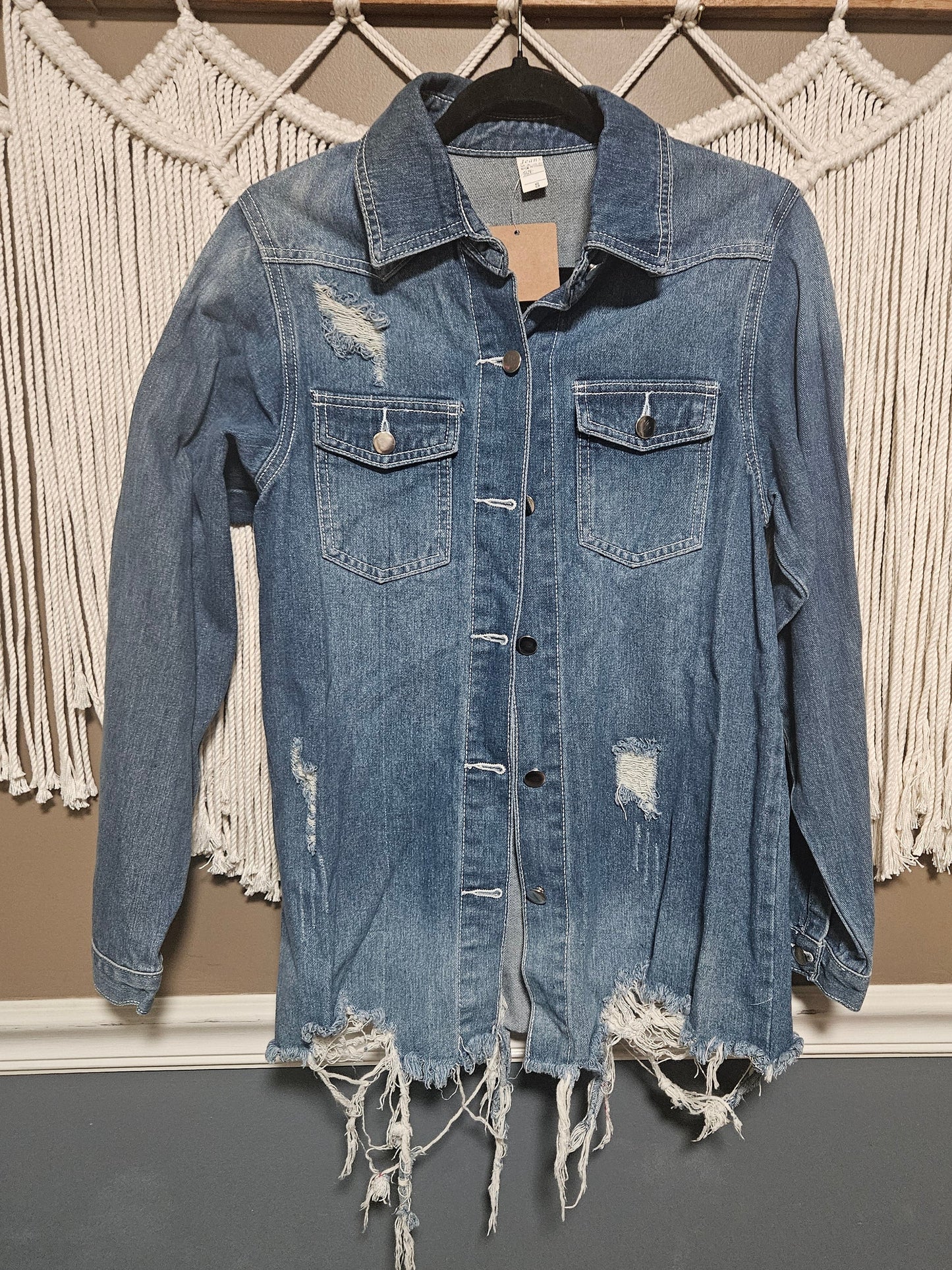 Floral Skull Distressed Denim Jacket Size Oversized Small