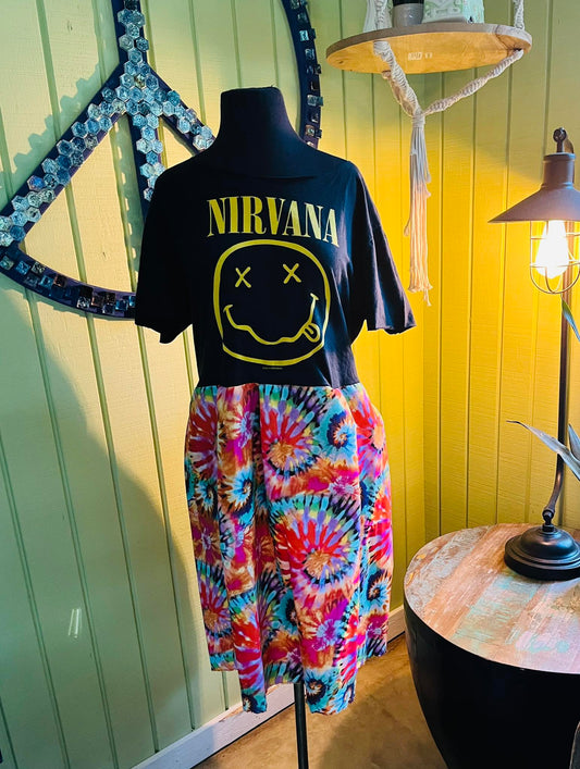 Nirvana Mid length Tie Dye Upcycle- fits large-xl best
