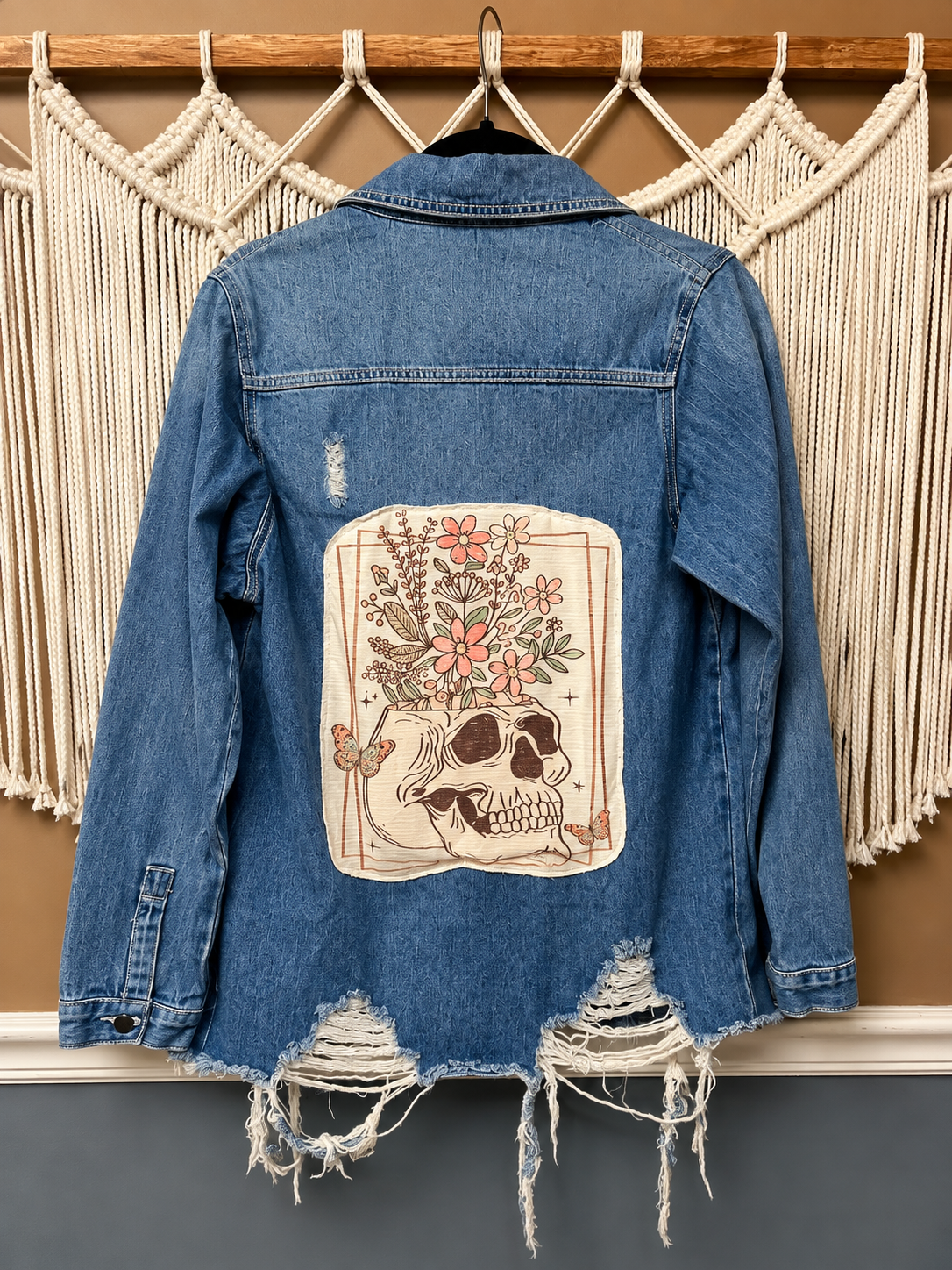 Floral Skull Distressed Denim Jacket Size Oversized Small